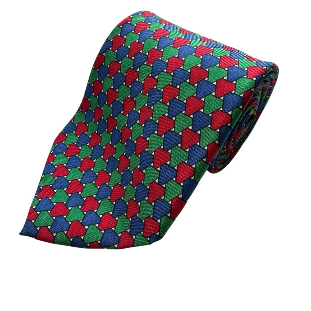 Turnbull & Asser Red Blue Green Geometric Mens Silk Tie 3.75 inch Width